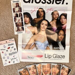 Glossier x Katseye lip glaze collab: poster, photos, cards, and sticker sheet